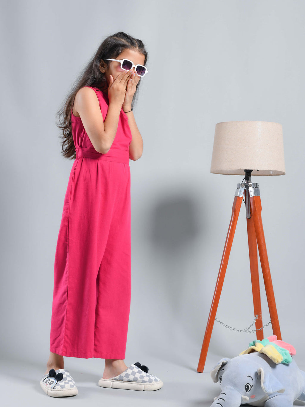 Pink Solid V-Neck Jumpsuit For Kids