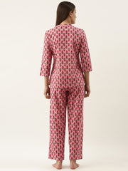 Pink Printed V-Neck Pure Cotton Pyjama Night Suit For Women