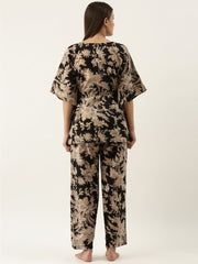 Black Cotton Printed Kaftan And Pajama Set For Women