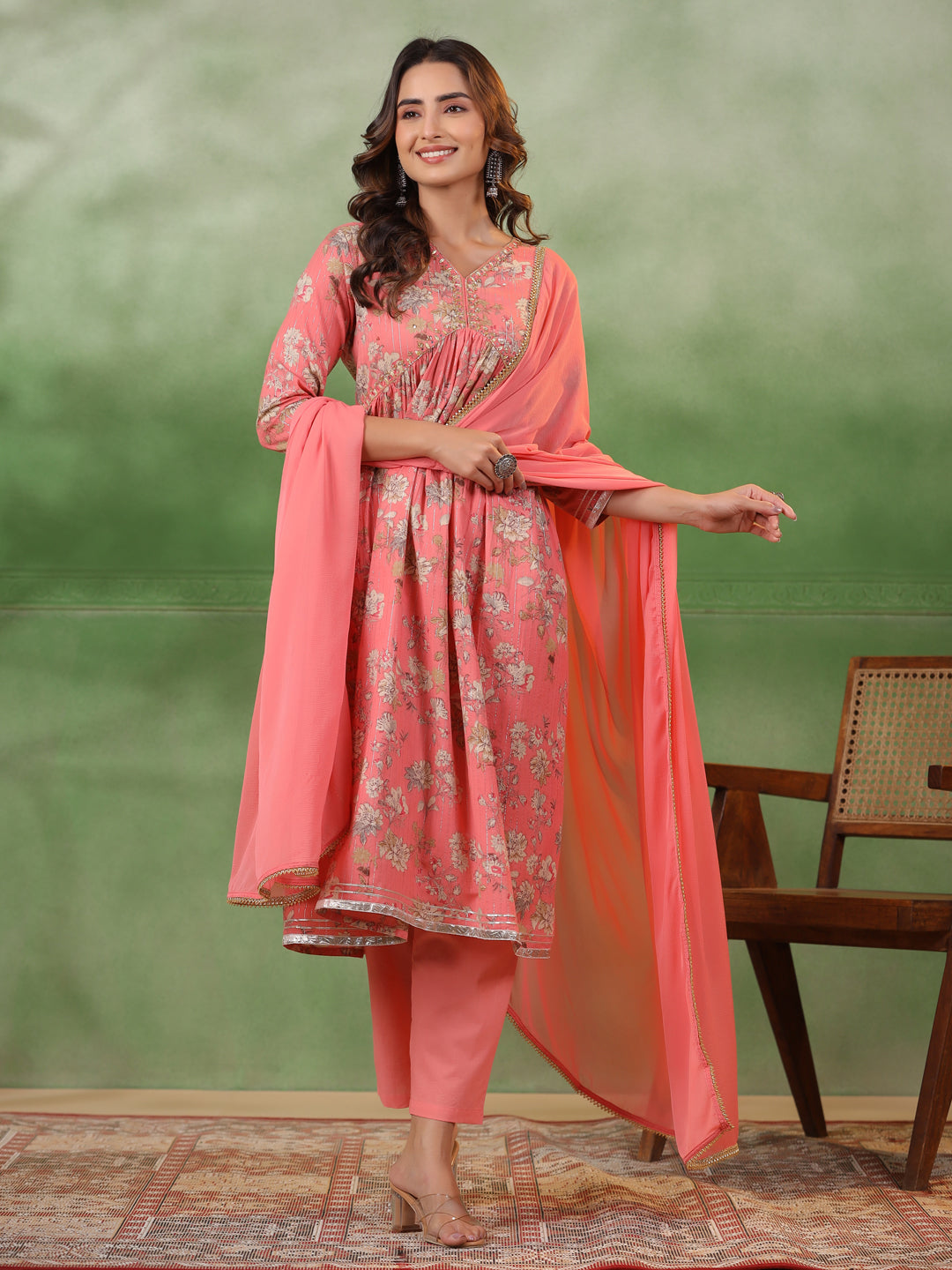 Peach V-Neck Pure Cotton Kurta Set With Dupatta For Women