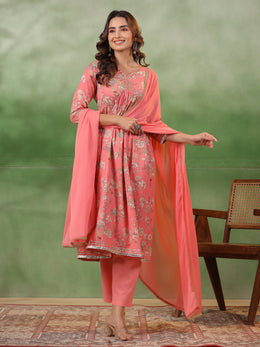 Peach V-Neck Pure Cotton Kurta Set With Dupatta For Women