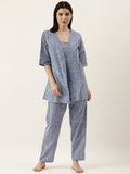 Blue Cotton Printed Night Suit Shrug Set