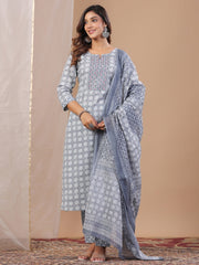 Grey Ethnic Motifs Printed Round Neck Pure Cotton Kurta Trousers Dupatta Set For Women