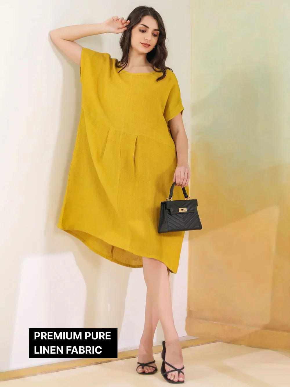 Yellow Solid Linen Blend Dress for Women - SanskrutiHomes 