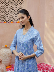 Blue Striped Printed V-Neck Cotton Kurta Set