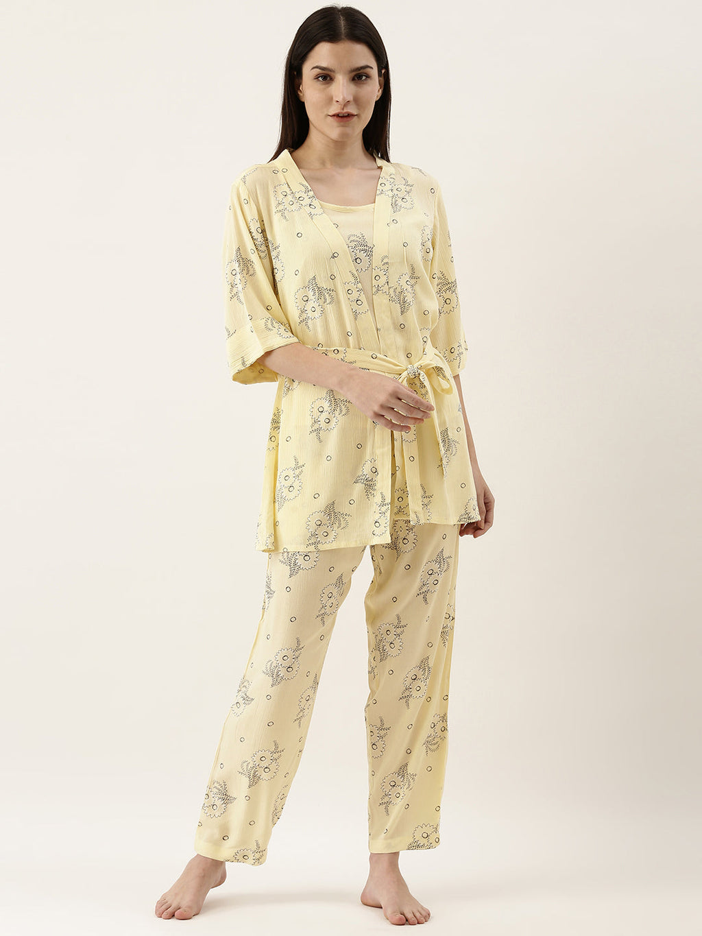 Yellow Rayon Crepe Printed Night Suit Shrug Set