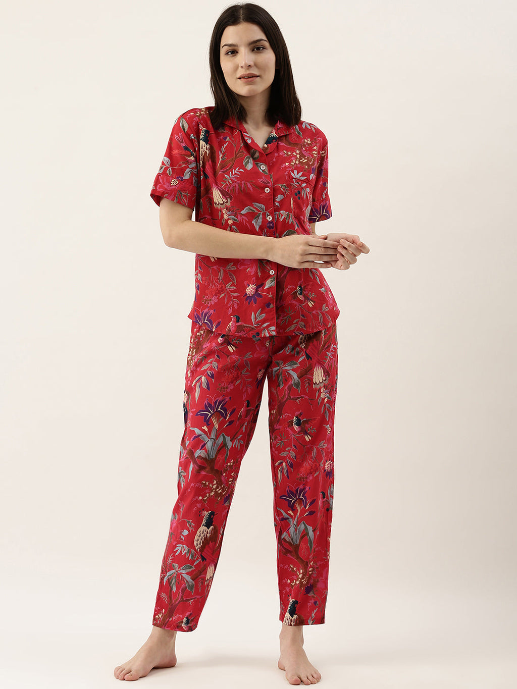 Red Cotton Printed Night Suit Set With Pajama