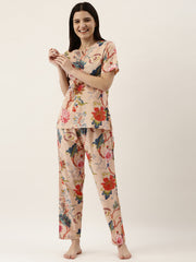 Beige Cotton Printed Night Suit Set With Pajama