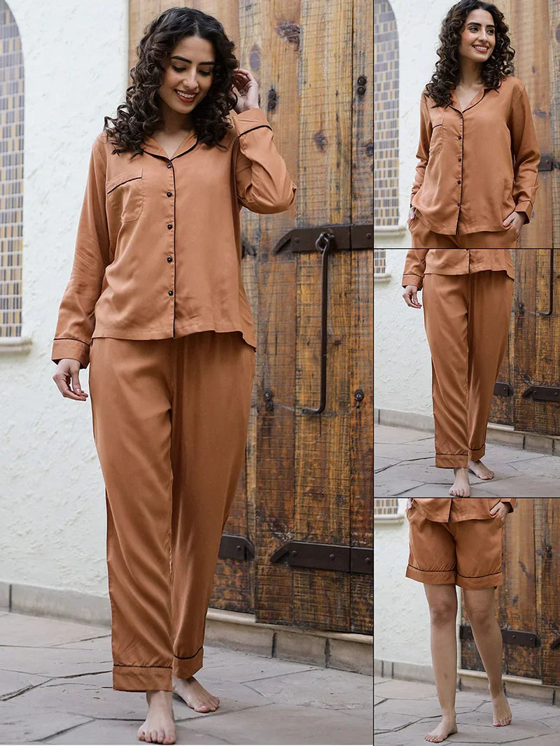 Women Rust Night suit set 3 piece - SanskrutiHomes 