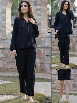 Collared Black Night suit set 3 piece - SanskrutiHomes 