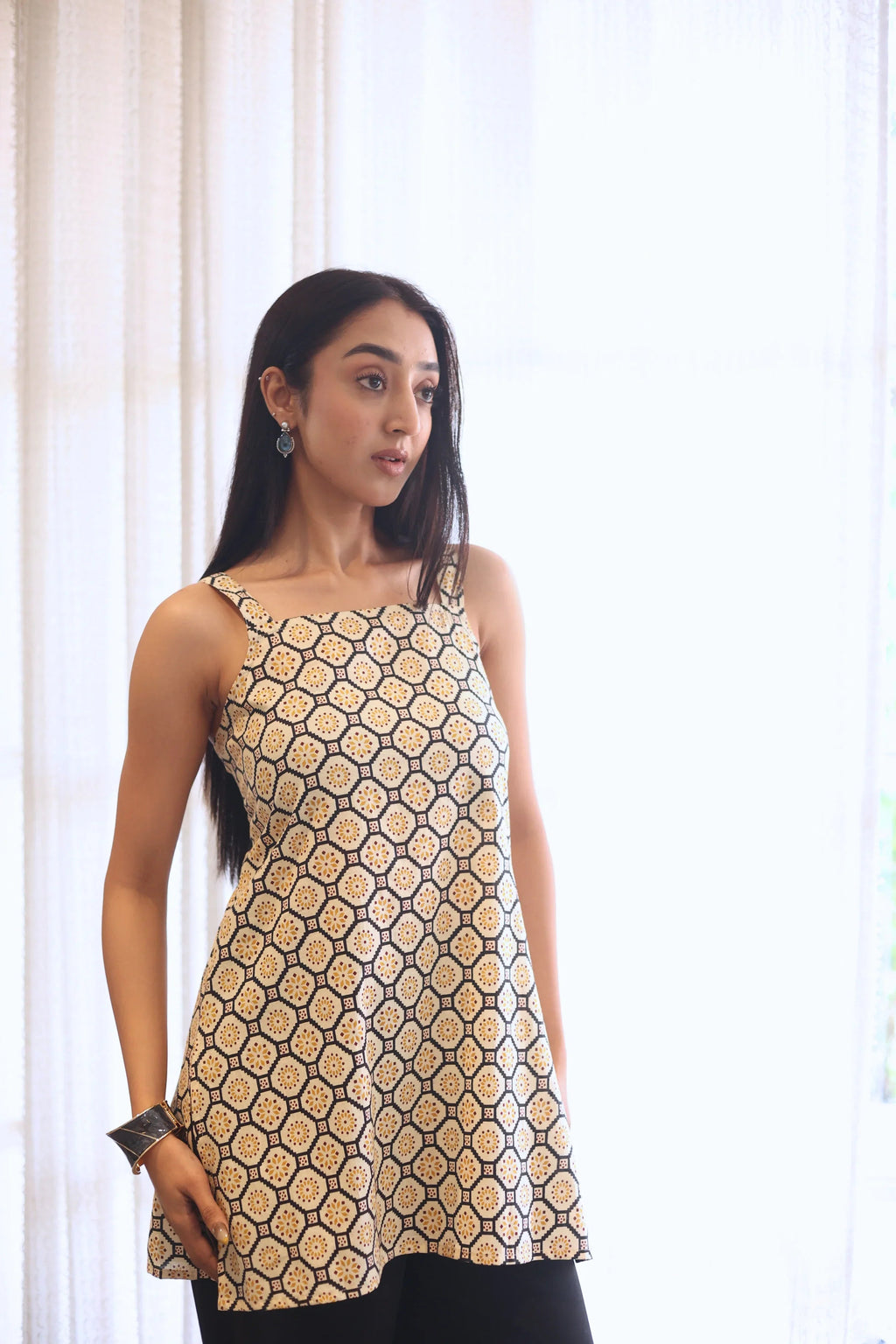 Beige Abstract Print Cotton Square Neck Top for Women - SanskrutiHomes 