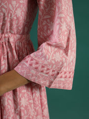 Pink Floral Printed Cotton Kurta With Dupatta