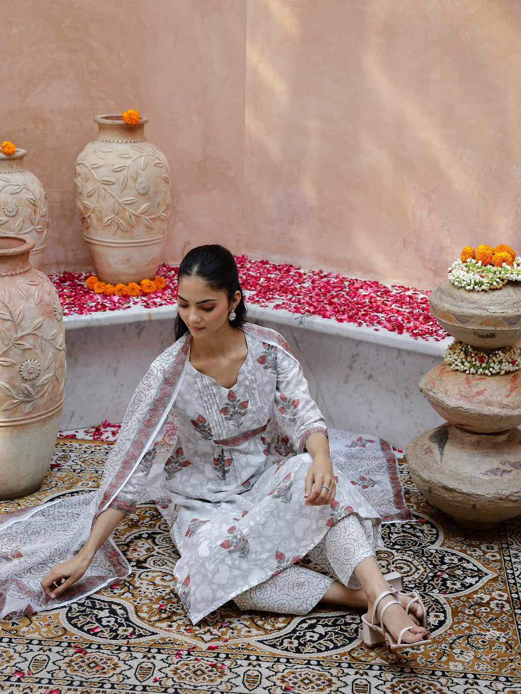 Set Of 3 Floral Printed Cotton Kurta Set