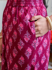 Pink floral Print V-Neck Pure Cotton Kurta Set for Women - SanskrutiHomes 