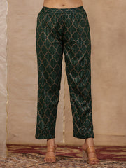Red & Green  Print Cotton Set Of Kurti With Pant & Dupatta