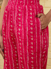 Pink Flower Printed V Neck Cotton Kurta Set