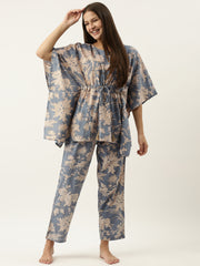 Powder Blue Cotton Printed Kaftan & Pajama Set