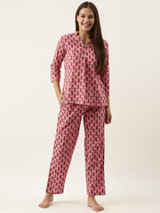 Pink Printed V-Neck Pure Cotton Pyjama Night Suit For Women