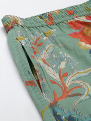 Green Cotton Floral Print Shirt Collar Night Suit Set With Pajama