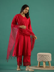 Red V-Neck Solid Sequinned Straight Kurta Set With Dupatta For Women