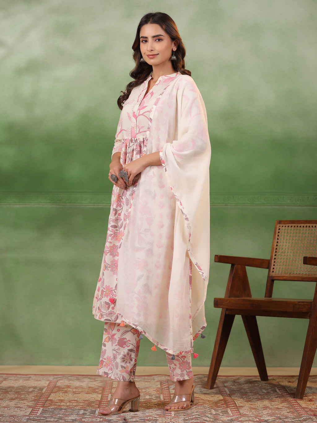 Pure Cotton Pleated A-Line Kurta With Trousers & Dupatta