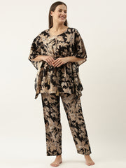 Black Cotton Printed Kaftan And Pajama Set For Women