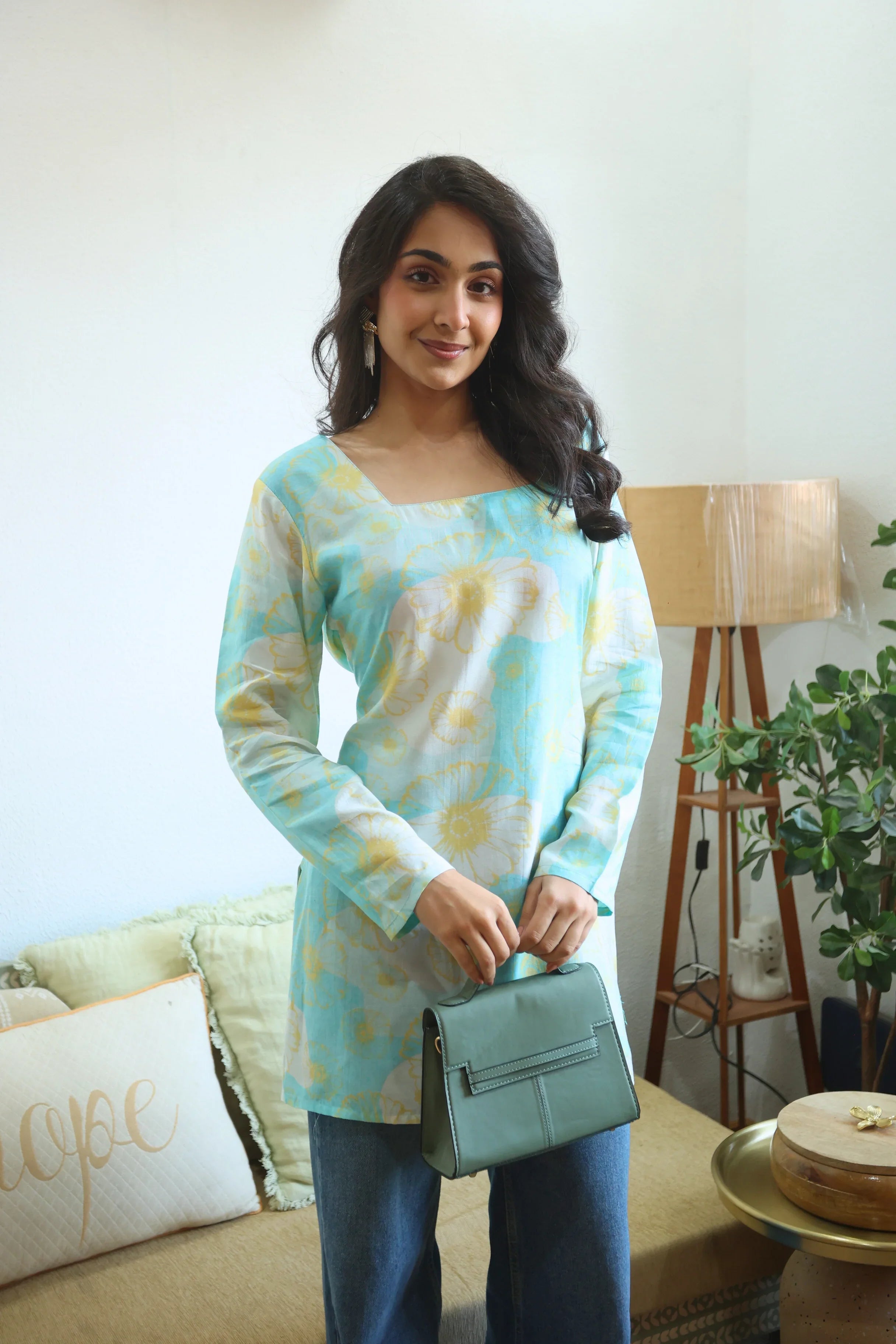 Turquoise Blue Floral Print Square Neck Cotton Top for Women - SanskrutiHomes 