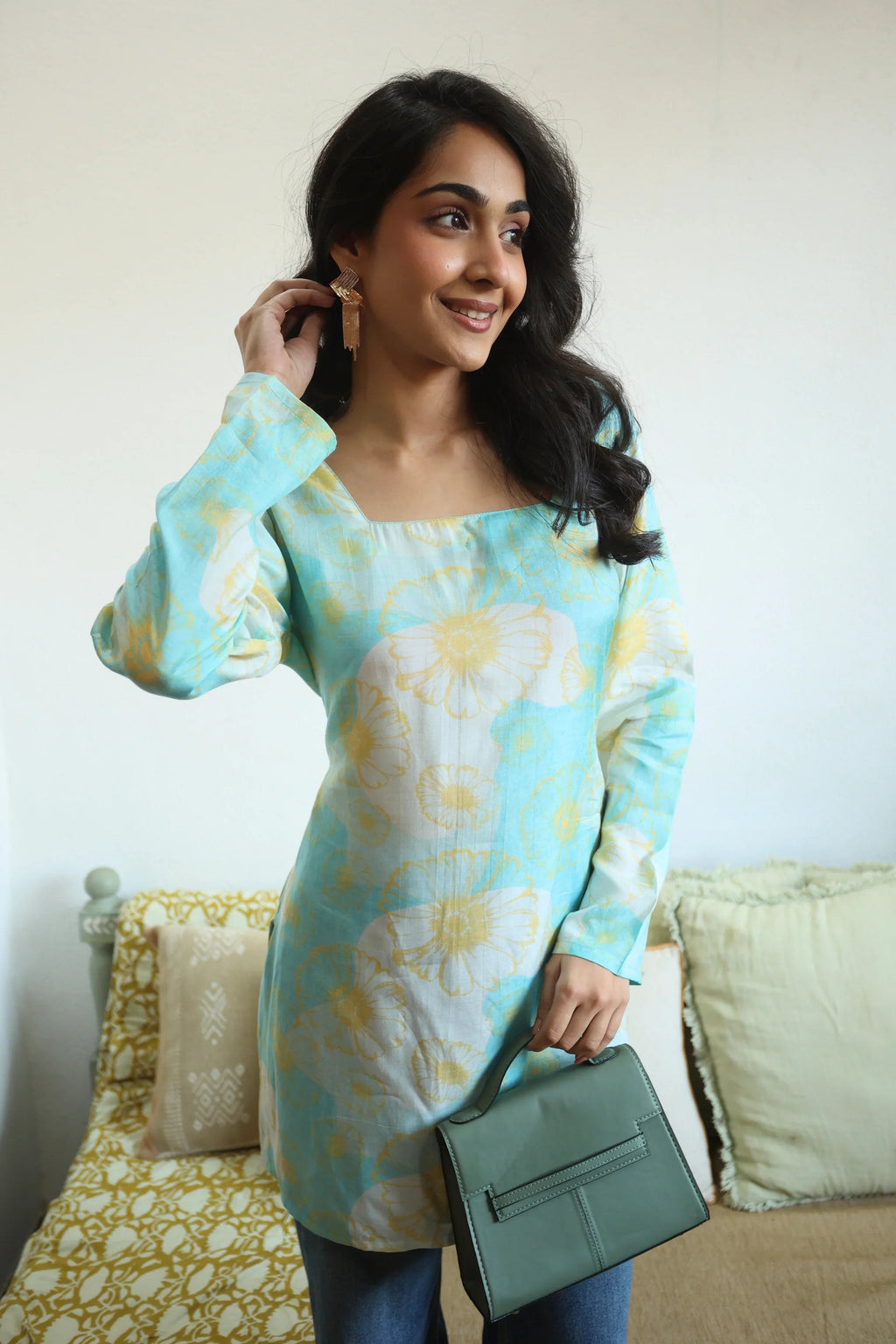 Turquoise Blue Floral Print Square Neck Cotton Top for Women - SanskrutiHomes 
