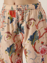 Beige Cotton Printed Night Suit Set With Pajama