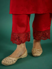 Red V-Neck Solid Sequinned Straight Kurta Set With Dupatta For Women