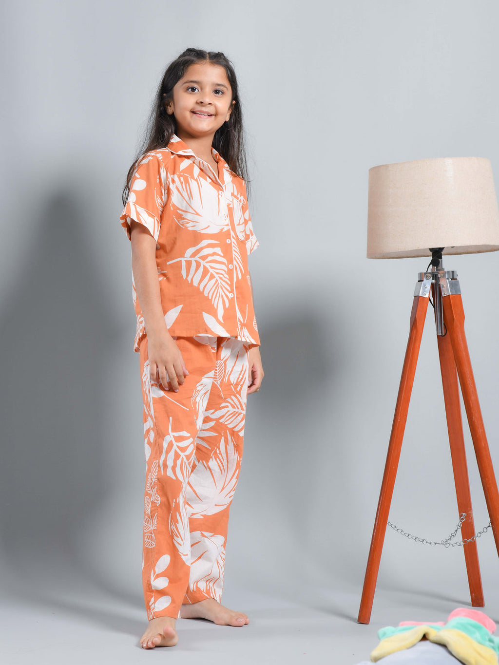 Orange Floral Printed Shirt Collar Kids Night Suit - SanskrutiHomes 