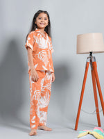 Orange Floral Printed Shirt Collar Kids Night Suit - SanskrutiHomes 