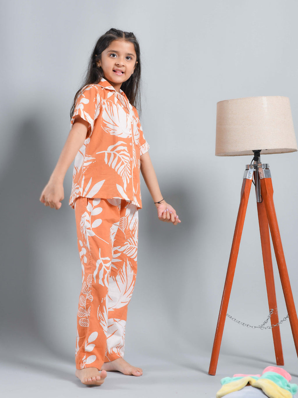 Orange Floral Printed Shirt Collar Kids Night Suit - SanskrutiHomes 