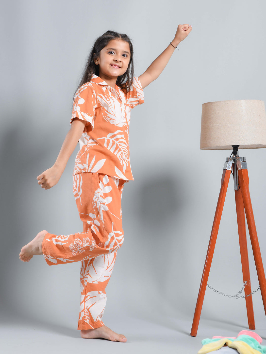Orange Floral Printed Shirt Collar Kids Night Suit - SanskrutiHomes 
