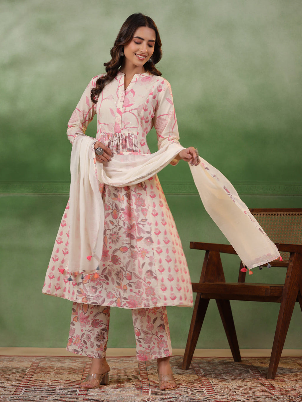 Pure Cotton Pleated A-Line Kurta With Trousers & Dupatta