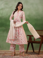 White Band Collar Ethnic Motif Print Pure Cotton A -Line Kurta Set For Women