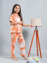 Orange Floral Printed Shirt Collar Kids Night Suit