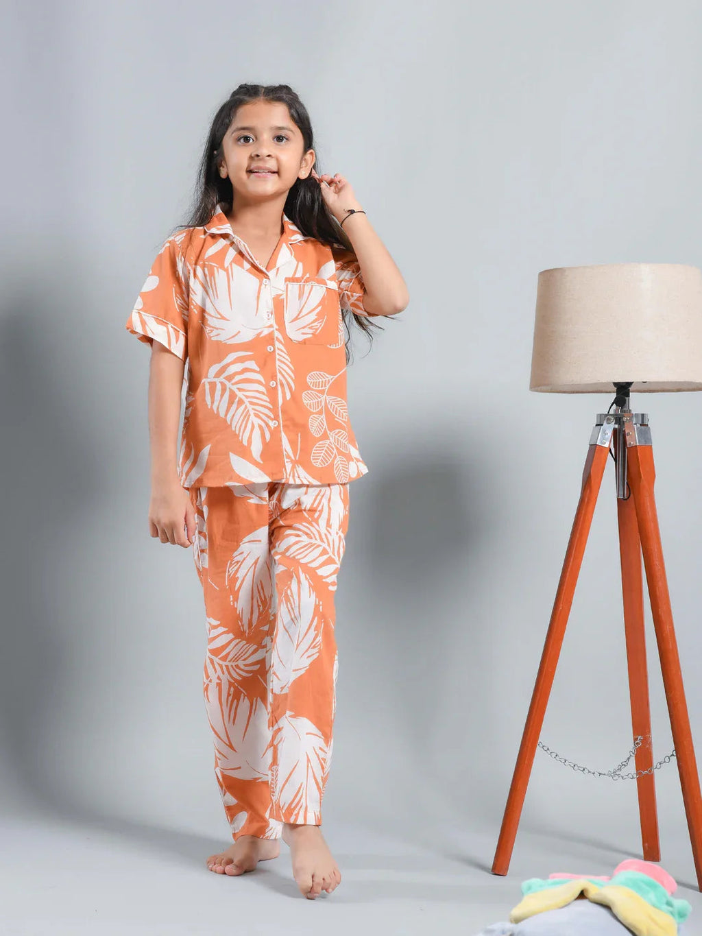 Orange Floral Printed Shirt Collar Kids Night Suit - SanskrutiHomes 