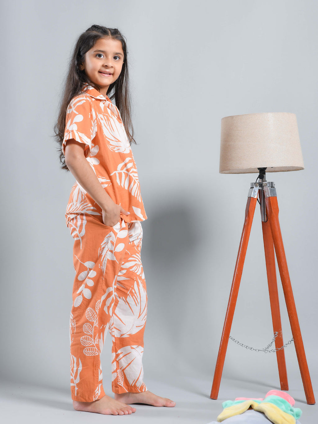 Orange Floral Printed Shirt Collar Kids Night Suit - SanskrutiHomes 