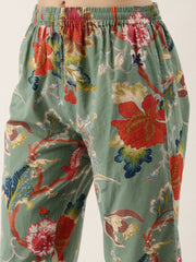 Green Cotton Floral Print Shirt Collar Night Suit Set With Pajama
