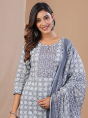 Grey Ethnic Motifs Printed Round Neck Pure Cotton Kurta Trousers Dupatta Set For Women