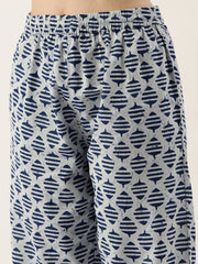 Blue/White Cotton Printed Night Suit Set With Payjama