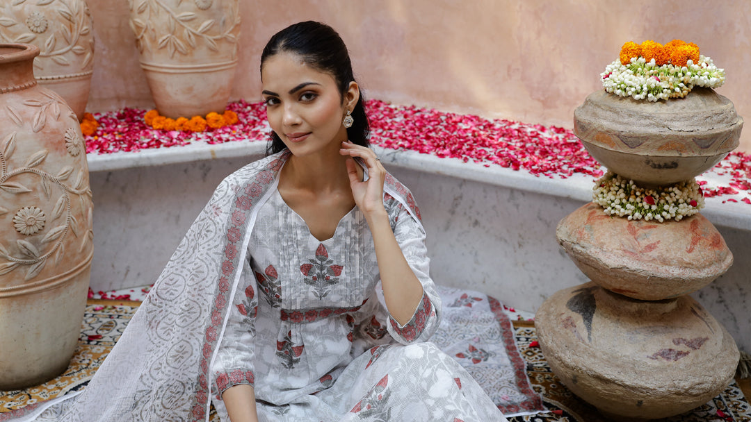 Set Of 3 Floral Printed Cotton Kurta Set
