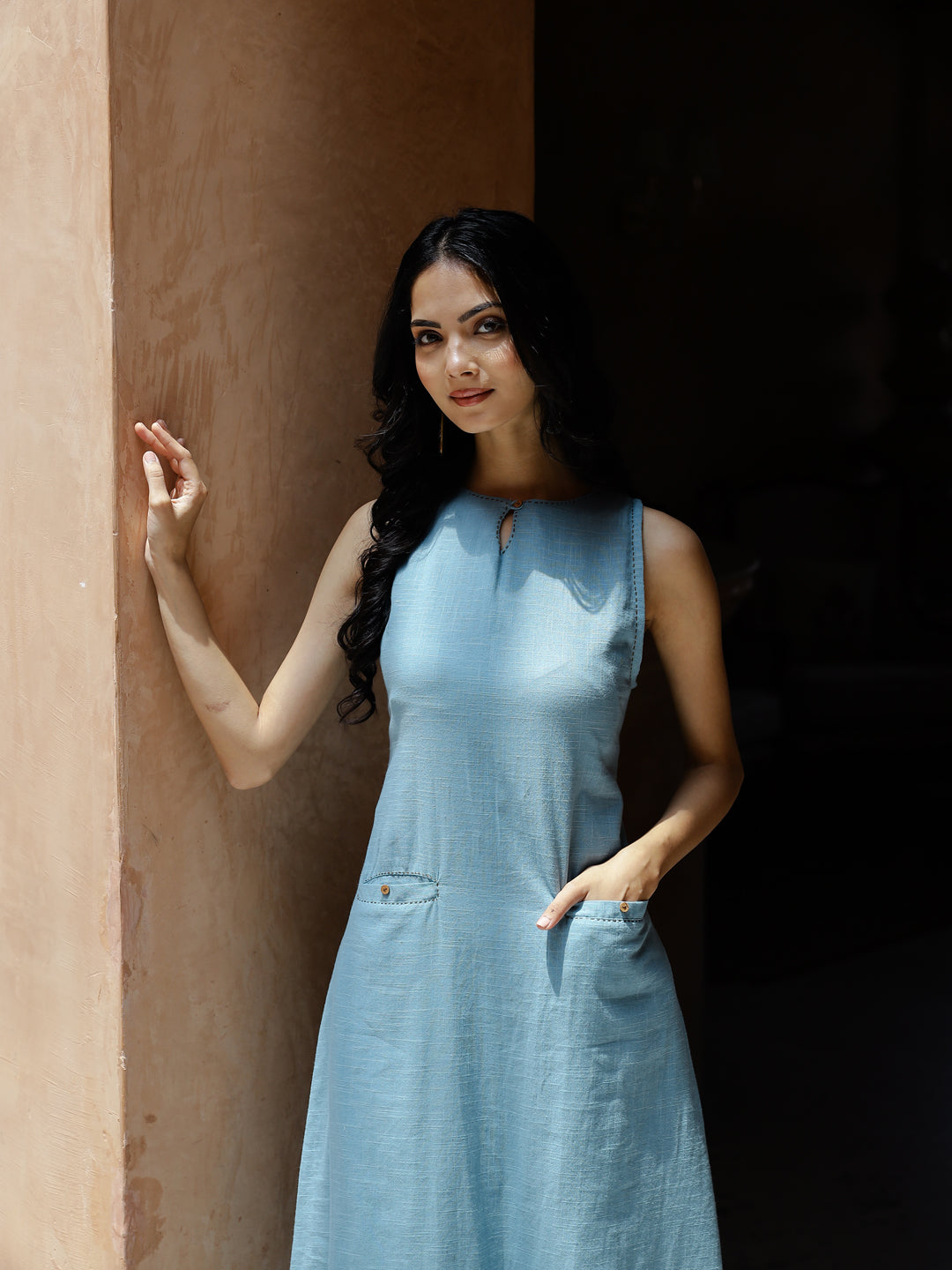 Blue Solid Print Cotton Kurta Set