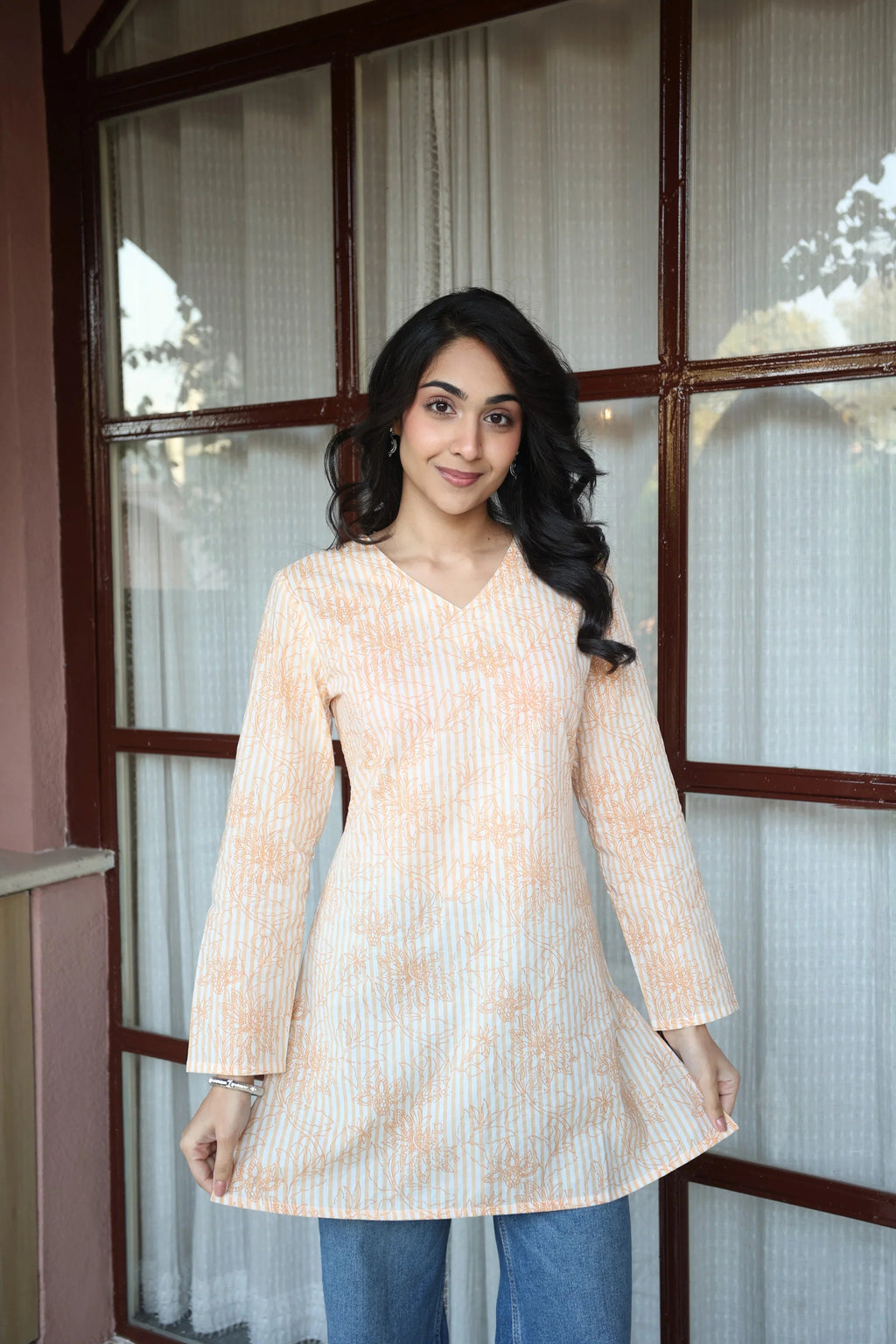 Orange Floral Print Cotton V-Neck Top for Women - SanskrutiHomes 