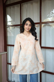 Orange Floral Print Cotton V-Neck Top for Women - SanskrutiHomes 