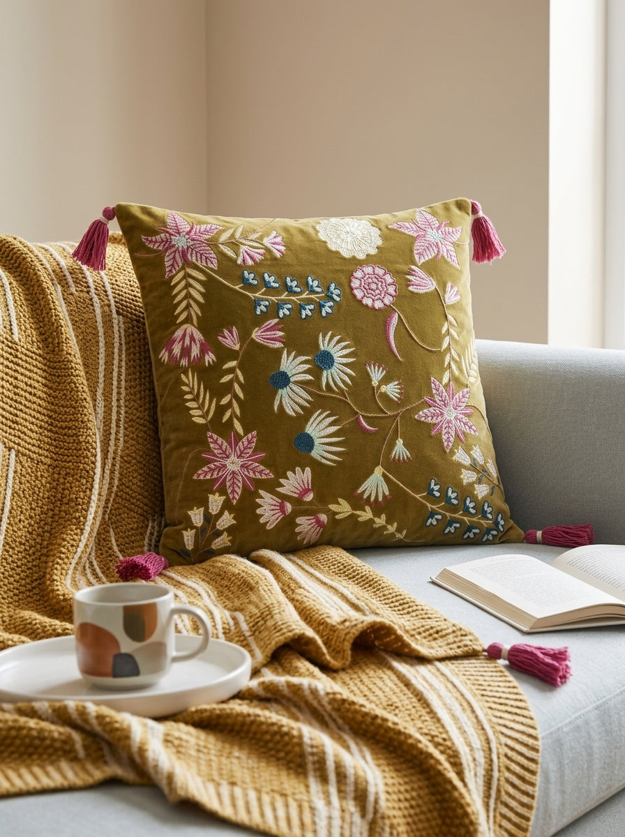 Green Velvet Square Floral Embroidered Cushion Cover With Tassels