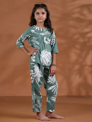 Green Floral Cotton Night Suit For Kids
