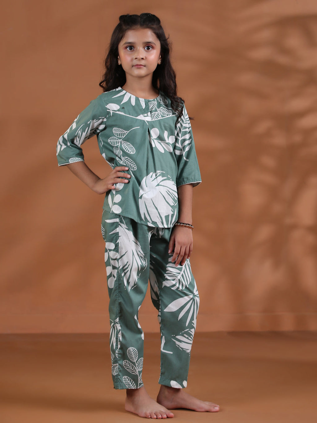 Green Floral Cotton Night Suit for Kids - SanskrutiHomes 