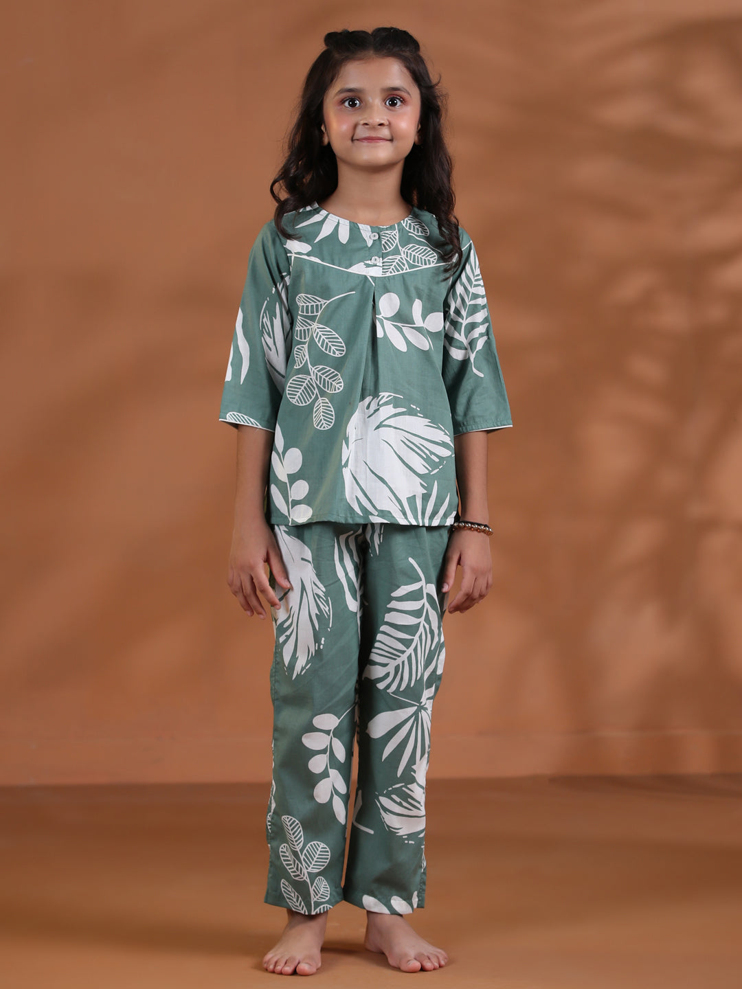 Green Floral Cotton Night Suit For Kids